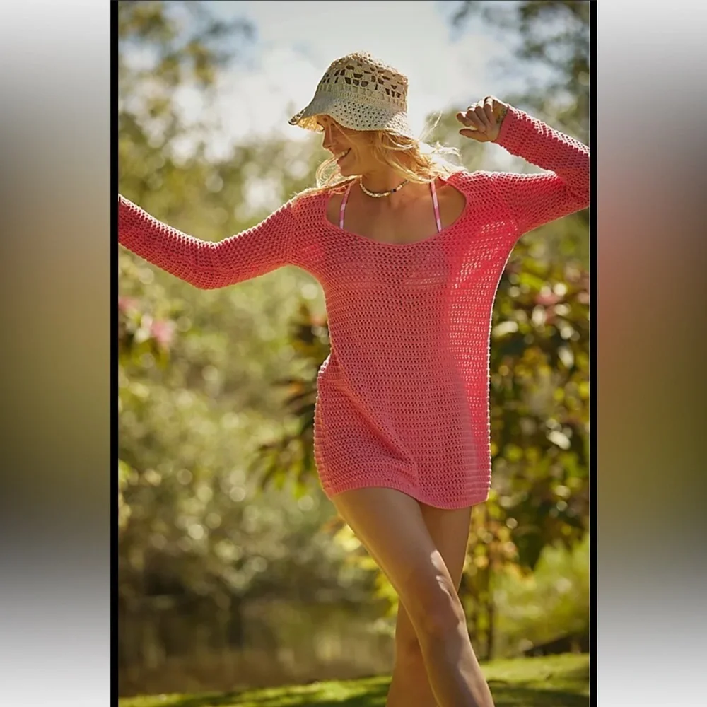 Oversized free people sheer see through peachy coral pink top size small